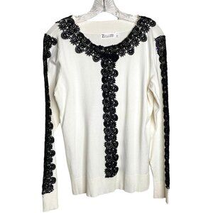 7th Avenue Design Studio Ivory Sweater Black Lace Applique Large Career Elegant